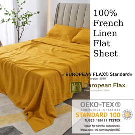 S VICTORY SYMBOL 100% Organic Linen Flat Sheet Queen Size Only 1 Piece-Stone Washed French Flax Bed Sheet,Soft Flat Top Sheet Breathable(90"x102",Yellow)