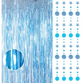 2pcs 3.2 x 8.3ft Glitter Baby Blue Foil Fringe Curtain Backdrop Tinsel Curtain Party Backdrop Curtain Streamers Decorations for Birthday School Graduation Hen Boys Party Decorations Blue