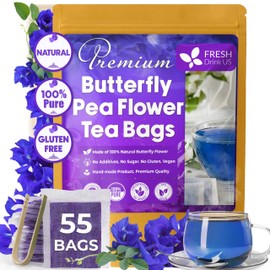 FreshDrinkUS, Premium 55 Tea Bags Blue Butterfly Pea Flowers, 100% Natural and Pure from Butterfly Pea Flowers, Made With Natural Material Tea Bag, No Sugar, No Caffeine, No Gluten, Vegan