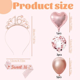 Sweet 16 Birthday Decorations Set, Rhinestone Tiara and Glitter Sash with Balloons, Sweet Sixteen Party Supplies for Girls, 16th Birthday Gifts, Photo Props for Sweet 16 Celebration