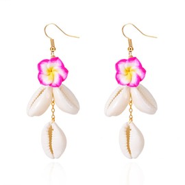Boho Plumeria Rubra Shell Dangle Earrings for Women Cowrie Shell Drop Earrings Summer Beach Vacation Jewelry Gift-Hot Pink
