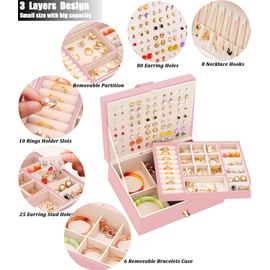 QBestry Girls Jewelry Box Earring Holder Organizer for Girls Earring Organizer Teen Jewelry Box Organizer for Girl Pink jewelry Boxes for Earrings Necklaces Rings Stud Earrings Box Organizers Teens