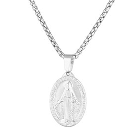 yipima 18K Gold Silver Tone Oval Guadalupe Virgin Mary Pendant Necklace for Men Womens Box Chain (silver tone, chain length:24")