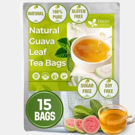 FreshDrinkUS, Premium 15 Guava Leaf Tea Bags, 100% Natural & Pure from Guava Leaves. Loose Leaf Guava Herbal Tea. Guava Leaf Tea. No Sugar, No Caffeine, No Gluten, Vegan.