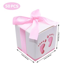 HADEEONG 50pcs Baby Shower Party Favor Boxes, Footprint Design Candy Treat Gift Boxes for Kids Birthday Baby Shower Guests Wedding Party Supplies with Ribbon,Pink
