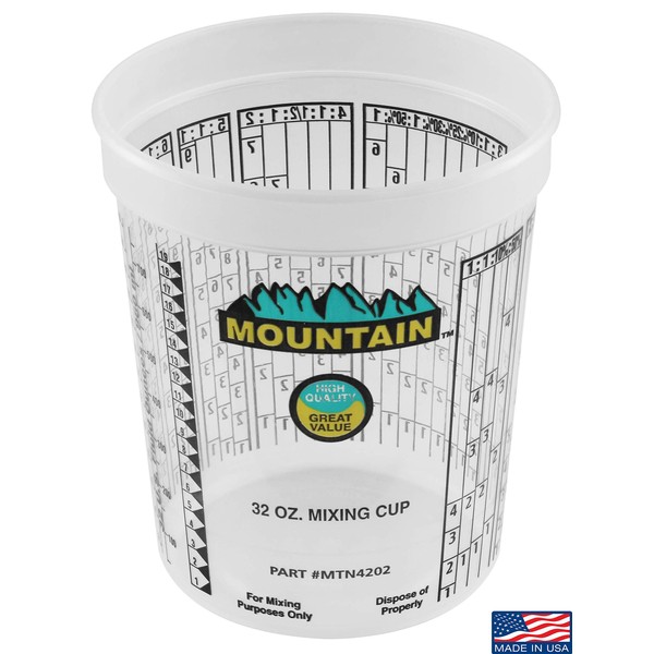 MOUNTAIN Disposable Quart Mixing Cups (100 per case), Made in USA; Solvent Resistant, Graduated Paint Mixing Cups, Reusable, Recommend by Paint Companies;