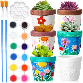 Pasimy 6 Set Ceramics to Paint DIY Ceramic Succulent Planter Pots Paint Your Own Flower Pots Craft Kit Unpainted Bisque Flowerpot with Brush Palette for Family Activity Holiday Gifts(Classic)