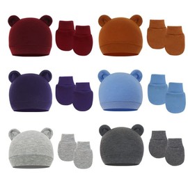 PythJooh Newborn Baby Hats and Mittens Set, Infant Baby Girl Boy 6 PCs Cotton Hospital Nursing Hats with 6 Pairs Anti-Scratch Mittens Set for 0-6Months