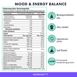 NEWMANITY Energy Gold Nootropico Natural para Concentracion, Energía y Ánimo - 2 meses - con Actigin, Calostro, Guaraná, Vitaminas del Complejo B1:B6 y B12, Taurina, Café, Té Verde, Biotina y Folato