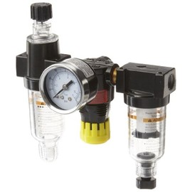 Parker 14A11B18F0GF Three-Unit Combo Compressed Air Filter/Regulator/Lubricator, 1/4" NPT, Polycarbonate Bowl , Manual Drain, 5 Micron, 13 scfm, Relieving Type, 2-125 psi Pressure Range, Gauge