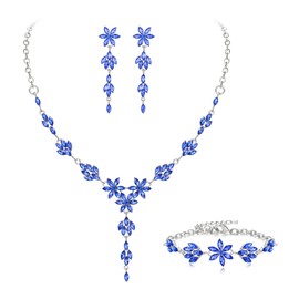EVER FAITH Banquet Prom Jewelry Set for Women, Elegant Marquise Crystal Cluster Flower Necklace Dangle Earrings Bracelet Royal Blue Silver-Tone