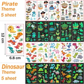 Children's Tattoo 20 Sheets Pirate Animal Dinosaur Transport Temporary Tattoo Set, Glow in the Dark Children's Tattoos, Children's Stickers for Children Play Children's Birthday Party Bag Party Festival