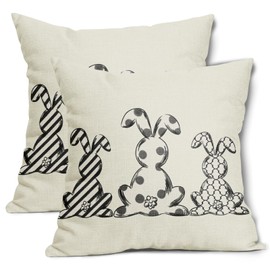 Easter Rabbits Pillow Covers 18X18 Inch Black White Striped Checked Bunny Decorative Pillow Cases Set of 2 Spring Holiday Party Throw Pillows Farmhouse Home Decor For Sofa Couch Cushion Outdoor