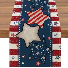 BREVITON 4th of July Independence Day Table Runner, Star Patriotic Rustic Farmhouse Home Kitchen Dining Table Decorations, 13 x 72 Inch