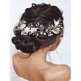 Unicra Flores de novia para el pelo de la boda de la vid de la hoja de plata de la pieza de pelo de perlas accesorios para el cabello para