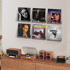 ELITEROO Record Holder Wall Mount Set of 6, 12 in Floating Shelves for Vinyl Records, Wood Record Shelf Display for CDs, Album, Art Works Storage, Daily LP Listening in Office Home, Gray