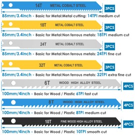 24PCS Jig Saw Blade Set, U-Shank Jigsaw Blades for Wood High Carbon Steel Assorted Fast Cut Down Jigsaw Blade Compatible with Bosch DEWALT SKIL Black and Decker includes 6t 8t 10t 14t 18t 24t 32t
