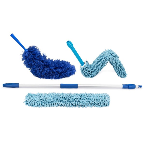 Extendable Duster - Microfiber Duster Kit: Ceiling, Fans, Baseboards, Cob Webs, Telescoping, Reusable & Washable, Feather & Chenille Dusters, 6ft. Adjustable Handle