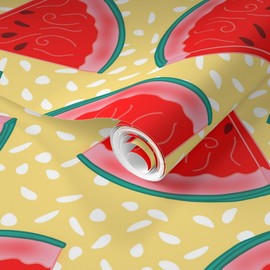 Removable Wallpaper 9ft x 2ft - Whimsical Watermelon Summer Fruit Fun Cute Happy Cheerful Red Yellow Custom Pre-Pasted Wallpaper by Spoonflower