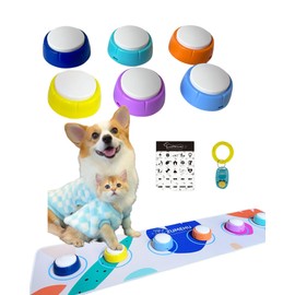 Dog Talk Buttons with Mat – 6 Color Dog Buttons for Communication with Clicker, Stickers & Pre-Installed Batteries – Recordable Pet Talking Buttons for Cats & Small Dogs