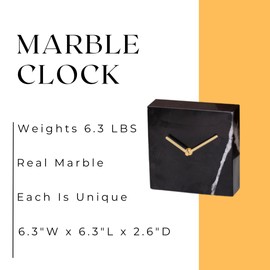 AD Furnishes Solid Marble Modern Mantle Clock - Sleek Marble Fireplace Decor with Unique Streaks, Square Analog Design for Decorations in Living Room, Entryway, and Decor for Shelves