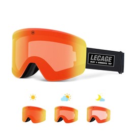 LECAGE OTG Frameless Photochromic Ski Goggles, Anti-Fog Light Adaptive Snow Goggles, UV Protection Snowboard Goggles for Men Women Youth (Red)