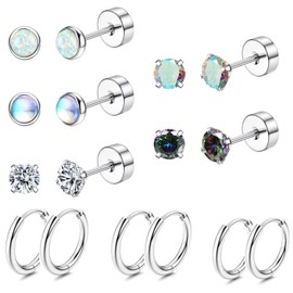 Xinixinly 8 Pairs Stainless Steel Surgical Steel Earrings for Sensitive Ears Hypoallergenic 20G Flat Back Stainless Steel Surgical Steel Stud Small Hoop Earrings for Women Men Opal Ball CZ Surgical Steel Flat Back Earrings Cartilage Earrings