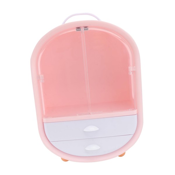 PACKOVE Double Door Cosmetic Storage Rack with Drawer Dustproof Pink