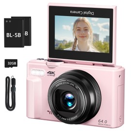 4K Digital Camera for Photography, 64MP Vlogging Camera for YouTube with 3" 180° Flip Screen, 18X Digital Zoom Point and Shoot Camara with 32GB Micro SD Card for Beginner (Pink)