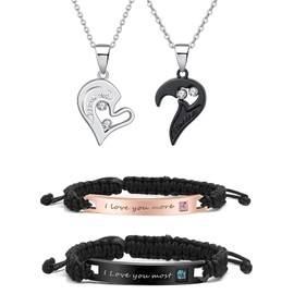 Couple Necklaces Bracelets Set Matching Heart Necklaces for Bf Gf Moon Sun Necklaces for Couples Jewelry Long Distance Relationship Bracelets Promise Bracelets Couples Gifts Ideas Couples Christmas Gifts(F I Love You More&Love You Most)