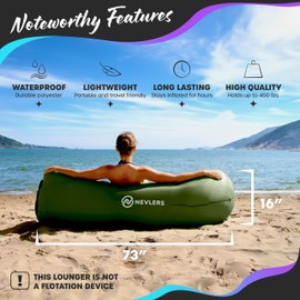 Nevlers Military Green Inflatable Lounger | No-Pump Blow Up Couch | 210T Polyester Outdoor Lounger for Use as Music Festival Essentials | Air Couch Inflatable Chair for Kids w/ 450 lbs. Capacity