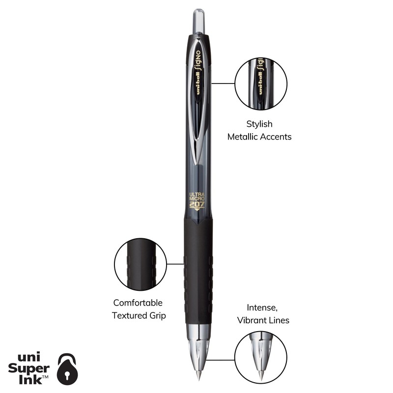 uniball 207 Retractable Gel Pens, Ultra Micro Point (0.38mm), Black,