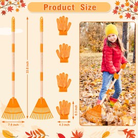 4 Pcs 35'' Kids Rakes for Leaves - Plastic Rake Head with 4 Pairs Kids Gloves, Small Kids Lawn Rakes Detachable Wooden Handle, Autumn Garden Tool Set for Kids Boys and Girls, Orange