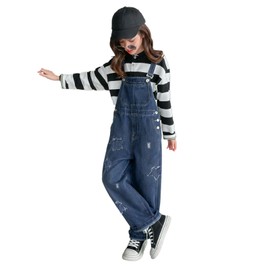 Rolanko Girls Denim Overalls Bow Baggy Wide Leg Jean Jumpsuit for Girl Kids Jean Overalls Pants with Bib Pockets (Star, 8-9 Years)