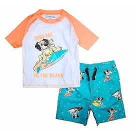 Quicksand Boys' 2-Piece UPF 50+ Rash Guard and Swimsuit Trunks Set, Peach/Mint Surf Dog 7