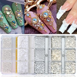 JCAKES 4 Boxes Nail Pearls for Nail Art 3D Gold&Silver Beads Caviar Alloy Nail Charms Jewelry Flat-Back Half Round Pearls for Nails Acrylic Nail Decoration for DIY Accessories Nail Supplies