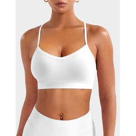 YEOREO Women's Workout Y Back Strappy Sports Bras Padded V Neck Medium Impact Racerback Spaghetti Straps Bra Gym Yoga Top, White, Large