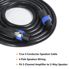 HBU 2 Packs 4 Conductor Speakon Cables - 3 Feet Pack of 2 NL4FC Speakon to Speakon Cable - Pro PA, DJ, Studio, Stage 4 Pole Audio Patch Wire with Twist Lock