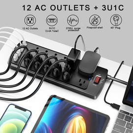 Nuetsa Power Strip, Nuetsa Surge Protector with 12 Outlets and 4 USB Ports, 6 Feet Flat Plug Extension Cord (1875W/15A) for for Home, Office, Dorm Essentials, 2700 Joules, ETL Listed (Black)