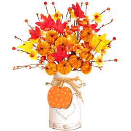 Fall Decorations for Home Includes 5 Pack Artificial Fall Flower Stems with Pumpkin Maple Leaves, White Galvanizing Vase, Light String and Pumpkin Wooden Sign for Fall Decor Thanksgiving Table Decor