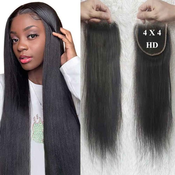 Forawme 10A Brazilian Hair 4X4 HD Transparent Closure Pieces 20 Inch 1B Soft Human Hair Pre Plucked Straight Lace Closure With Natural Hairline