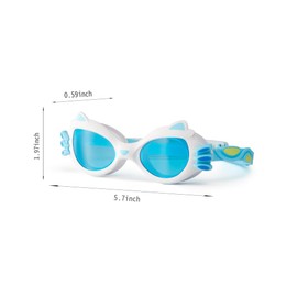 VEON Kids Swimming Goggles for Baby Girls 2-8, Blue White, Cute Cat Design, Anti-Fog, UV Protection, Large Frame, Comfortable Fit.