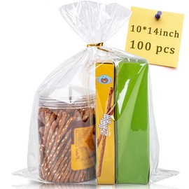 CUDICY 100pcs Cellophane Bags 10x14 Cellophane Wrap Goodie Bags Large Clear Gift Bag Party Favors Bag Clear Treat Bag with Ties Plastic Gift Wraps Packaging Wraps for Cookie Candy (No Gusset)