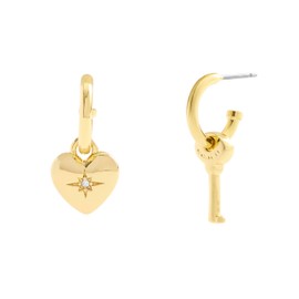 COACH Women's Signature Heart & Key Charm Huggie Earrings, One Size, Brass Titanium Glass, No Gemstone