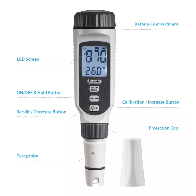 Dr.meter Medidor Ph Probador Ph Alta Precisión 0-14 Retencion Datos