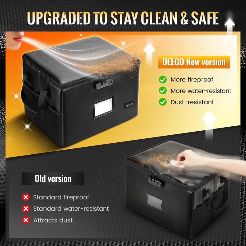 DEEGO Fireproof Document Box, Water-Resistant File Organizer Box with Lock