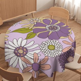 SHElifestyle Vintage 60s 70s Floral Round Tablecloth, Retro Boho Colorful Hippie Groovy Flower Farmhouse Country Gardern Waterproof Wipeable Table Cover for Picnic Holiday Party Kitchen Dining 36"