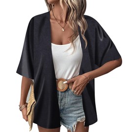 Fogrime Women's Loose Print Sheer Chiffon Kimono Beach Swim Cover up Cardigan Capes Blouse Tops (CA/US, Alpha, One Size, Regular, Regular, Black)