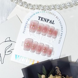 TENPAL Light Pink Cat Eye Nails, Hand Painted Press on Nails Medium, Ocean Shell Pearl Designs Soft Gel Fake Nails With Tools,Full Cover Glossy False Nails 10pcs kits For Women Girls, Large Size