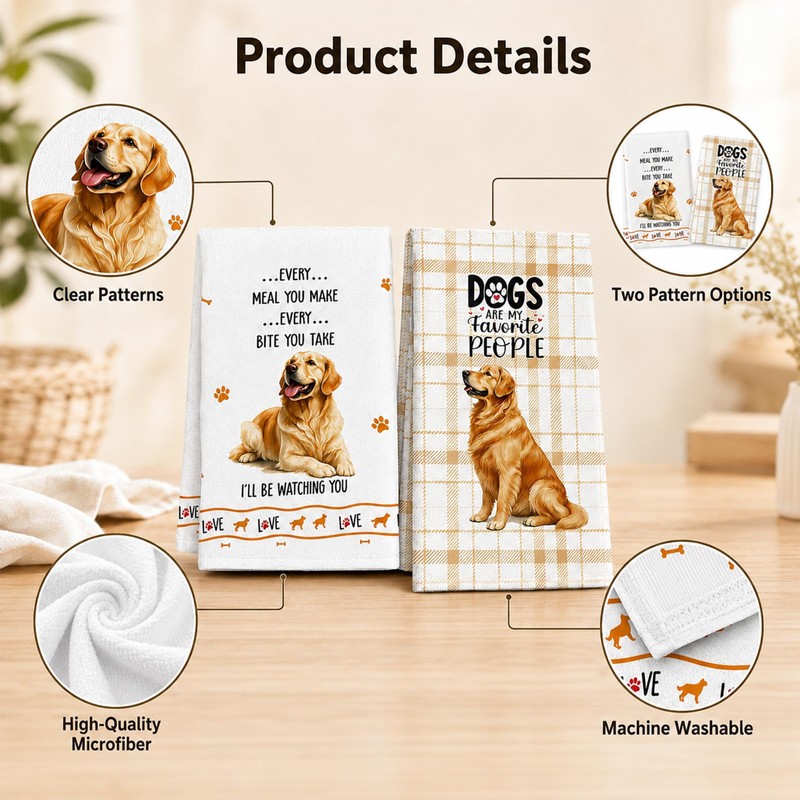 Golden Retriever Tea Towel for Dog Lovers, 100% Cotton Kitchen